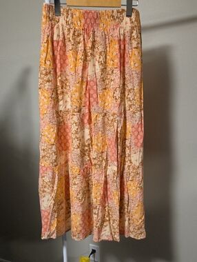 Boho Patchwork Floral Maxi Skirt Size M Pink Yellow Cottagecore Flowy Wild Skies